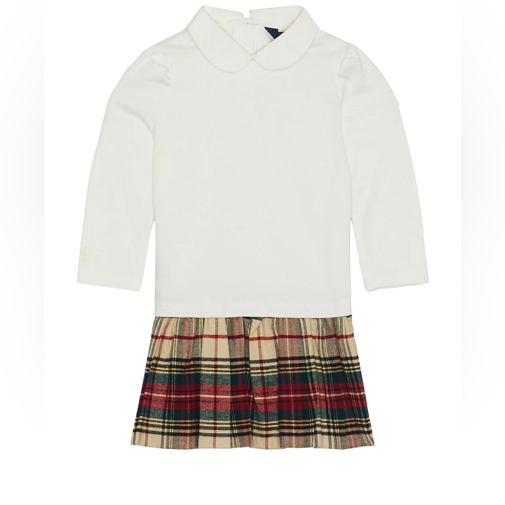 Ralph Lauren Button Day Jersey Dress, White/Red/Beige/Tartan, 18 Months.